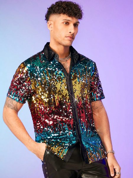 Sequin Decor Knitted Colorblock Short Sleeve Shirt