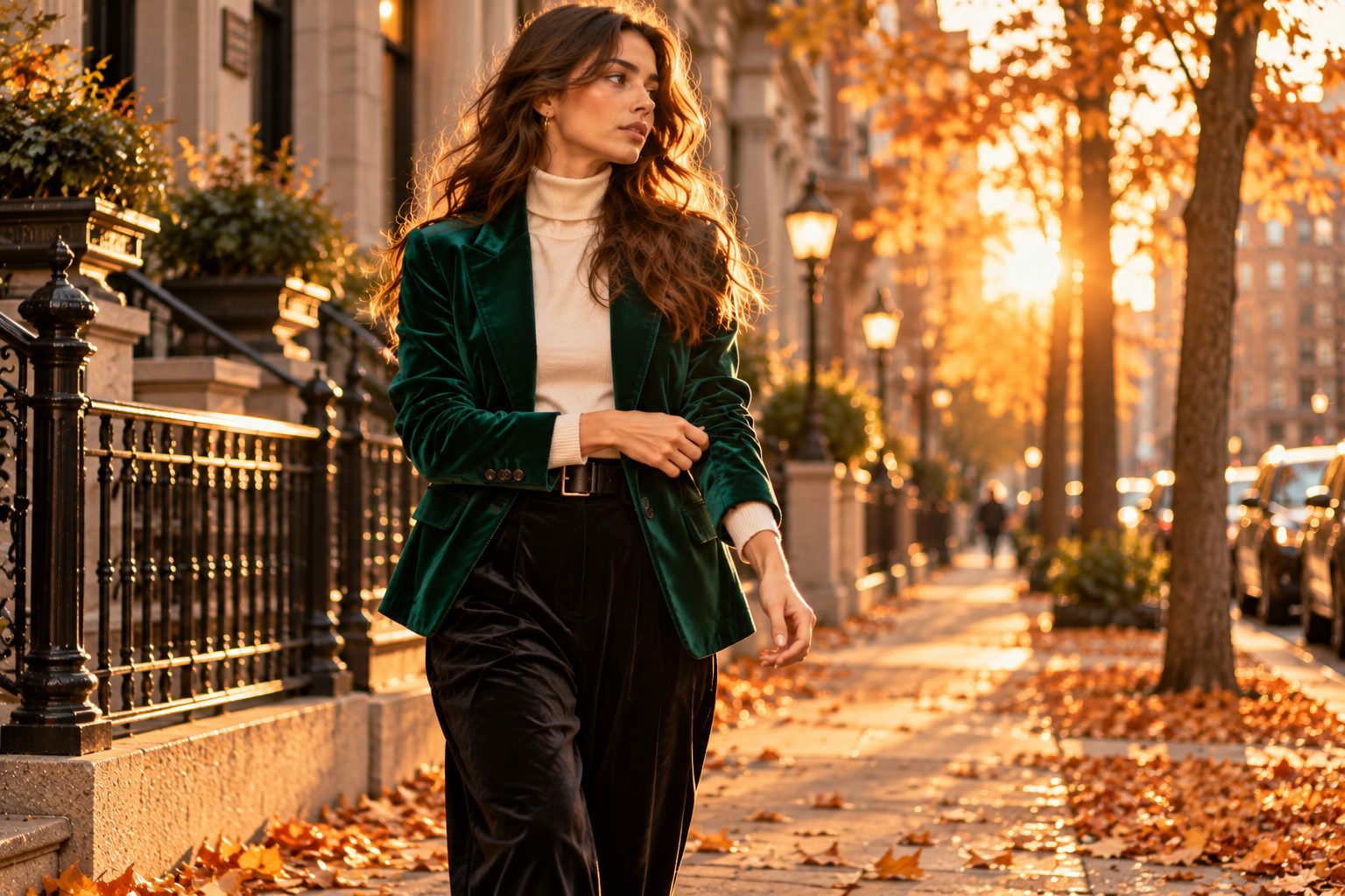 Model in emerald velvet blazer and cream turtleneck, autumn urban street, golden hour light.
