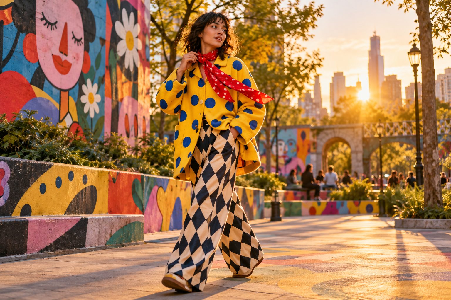 Model in clowncore fashion, oversized polka dot jacket, vibrant street art background.