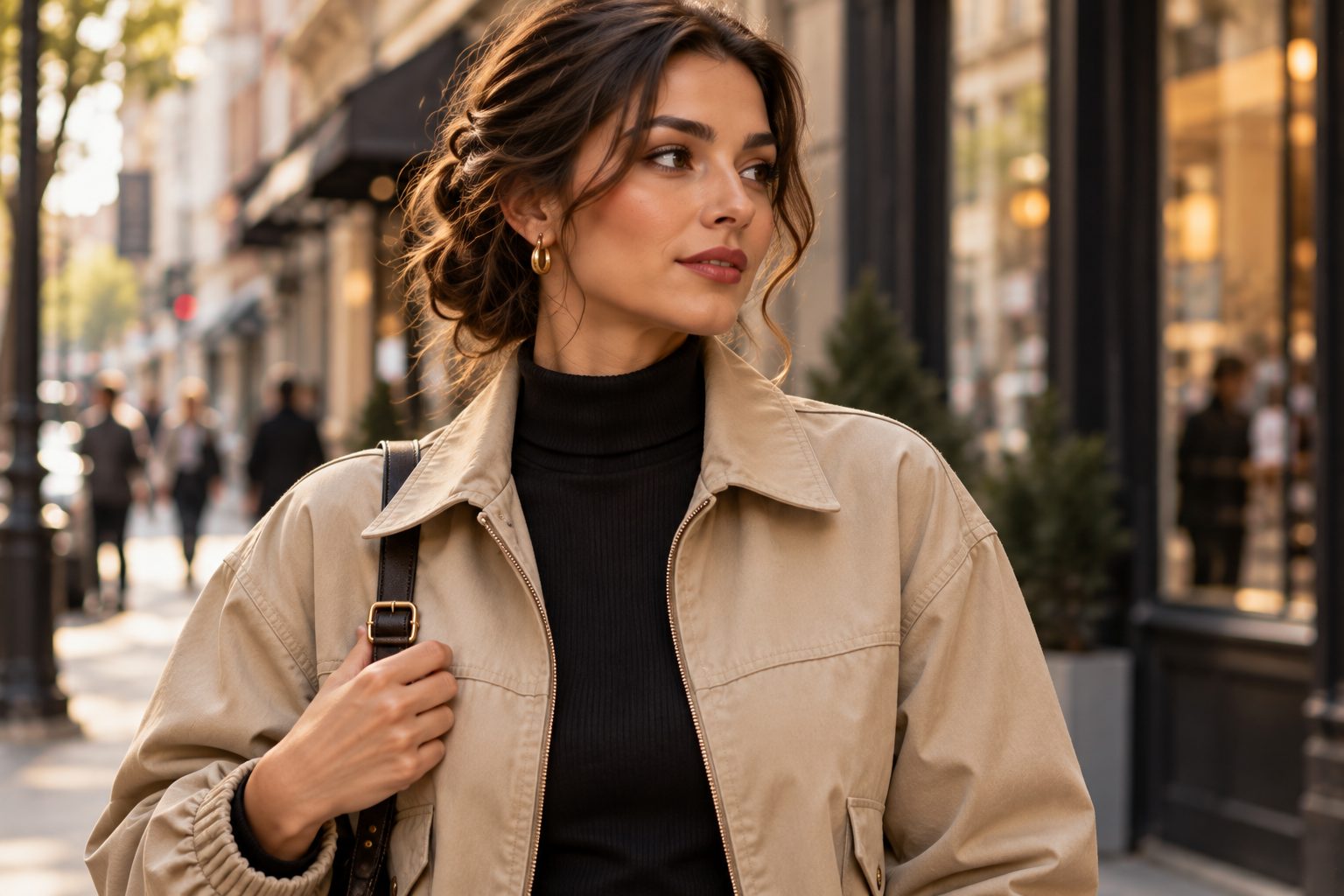 Close-up of model in beige blouson jacket looking thoughtfully off-frame