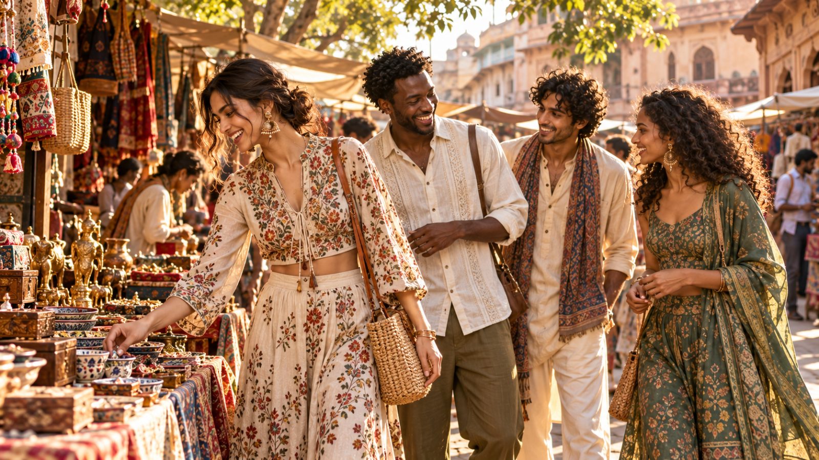 Group of models enjoying a vibrant street market, highlighting handcrafted fashion.