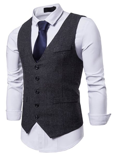 Black V-Neck Single Breasted Adjustable Buckle Back Waistcoat