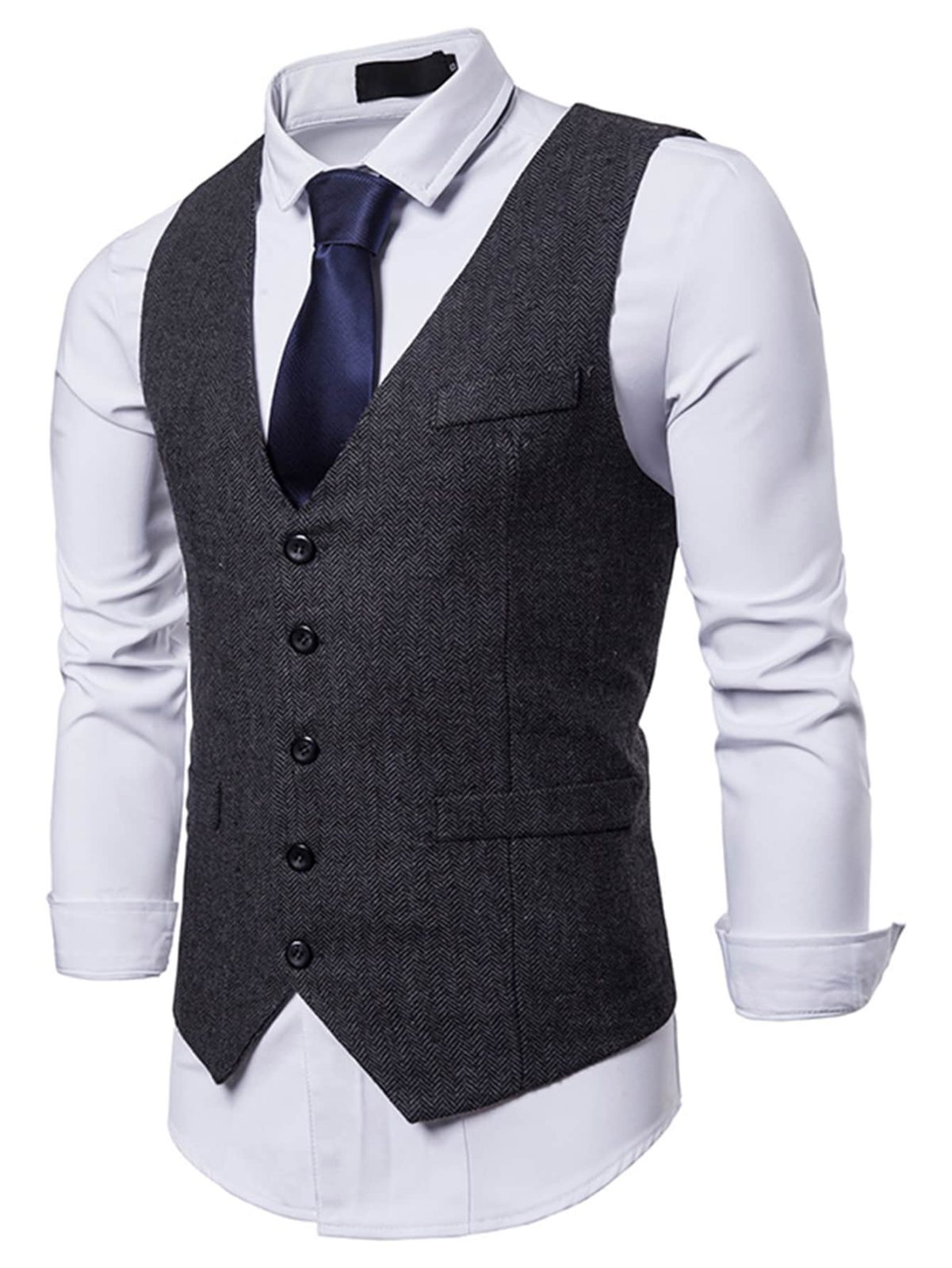 Black V-Neck Single Breasted Adjustable Buckle Back Waistcoat
