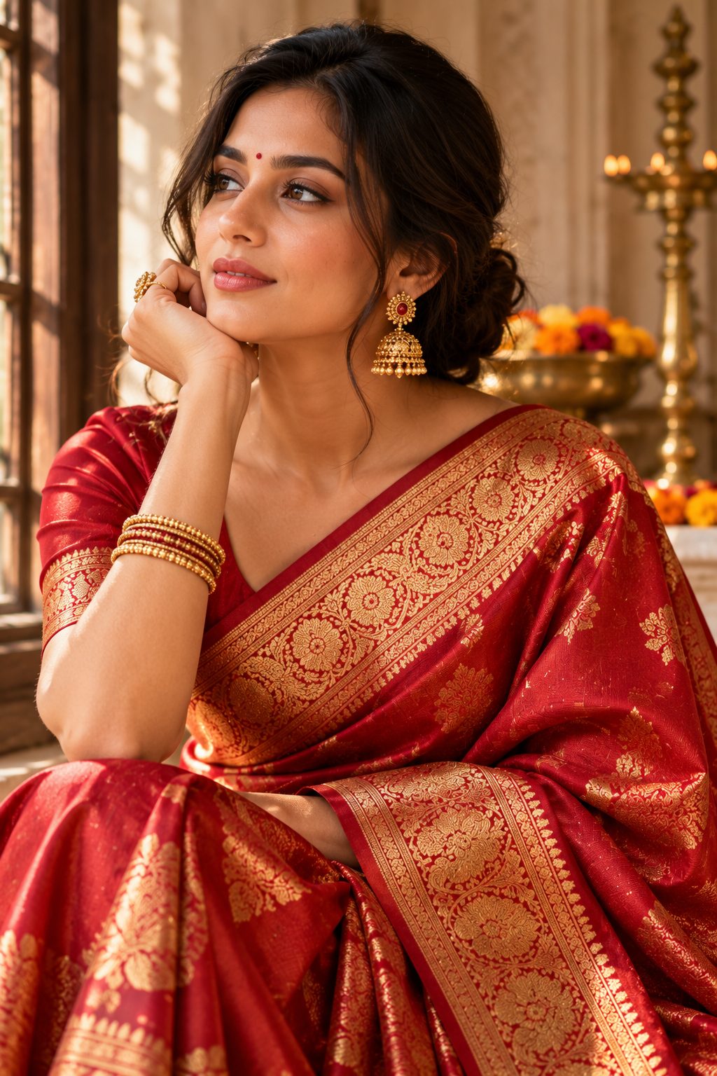 Close-up of model in ruby red Kanjivaram silk saree with intricate zari.