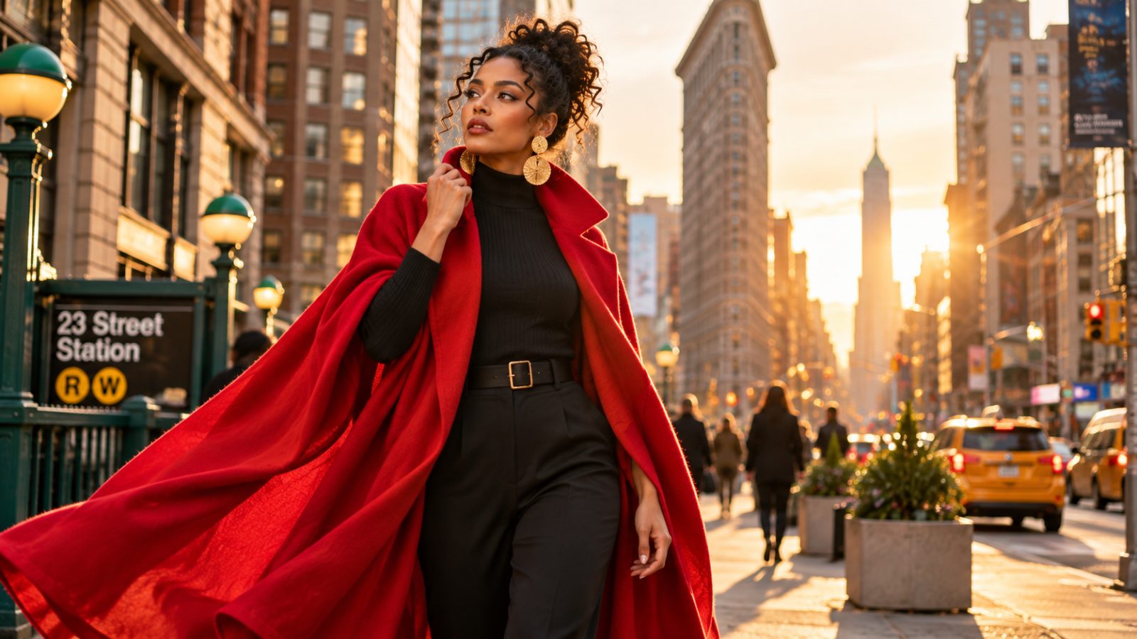 Model in a vibrant red cape on a New York street during golden hour.