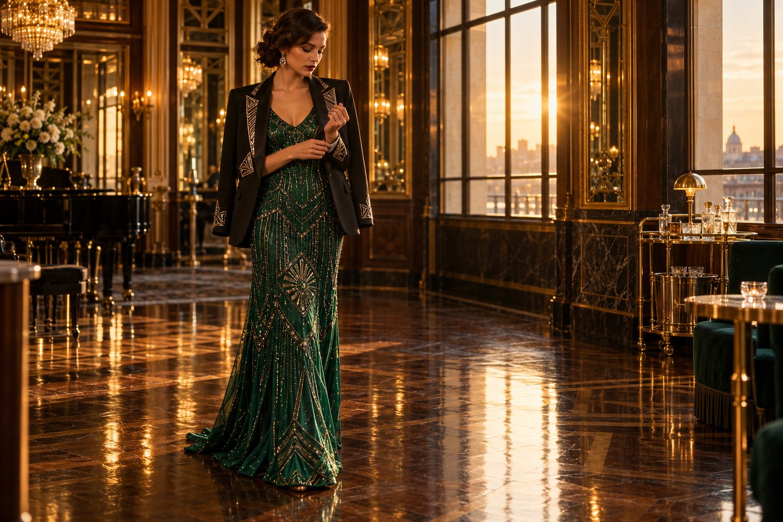 Model in Art Deco-inspired gown and blazer, golden hour light in a vintage ballroom setting.