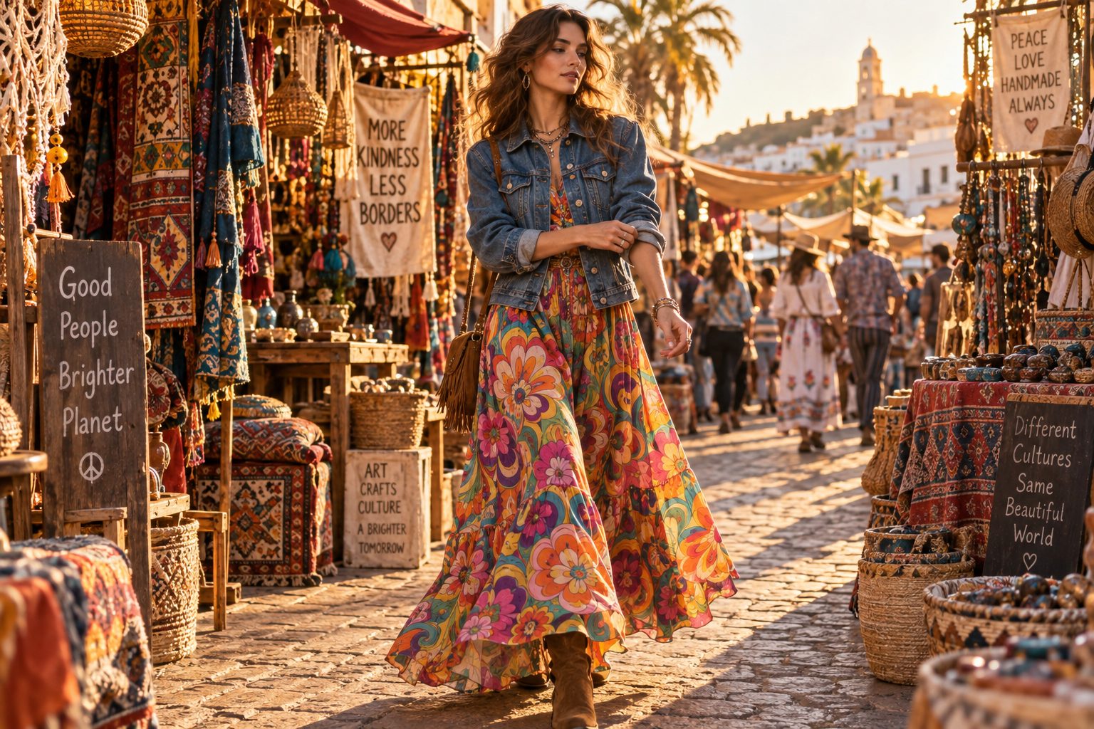 Model in a psychedelic boho maxi dress and structured jacket at a vibrant market during golden hour.