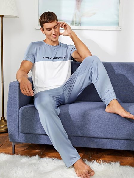 Round Neck Colorblock Slogan Graphic Sleepwear Set