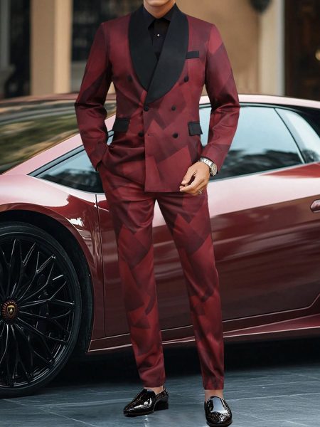 Burgundy Double Breasted Shawal Collar Blazer and Pant Suit Set