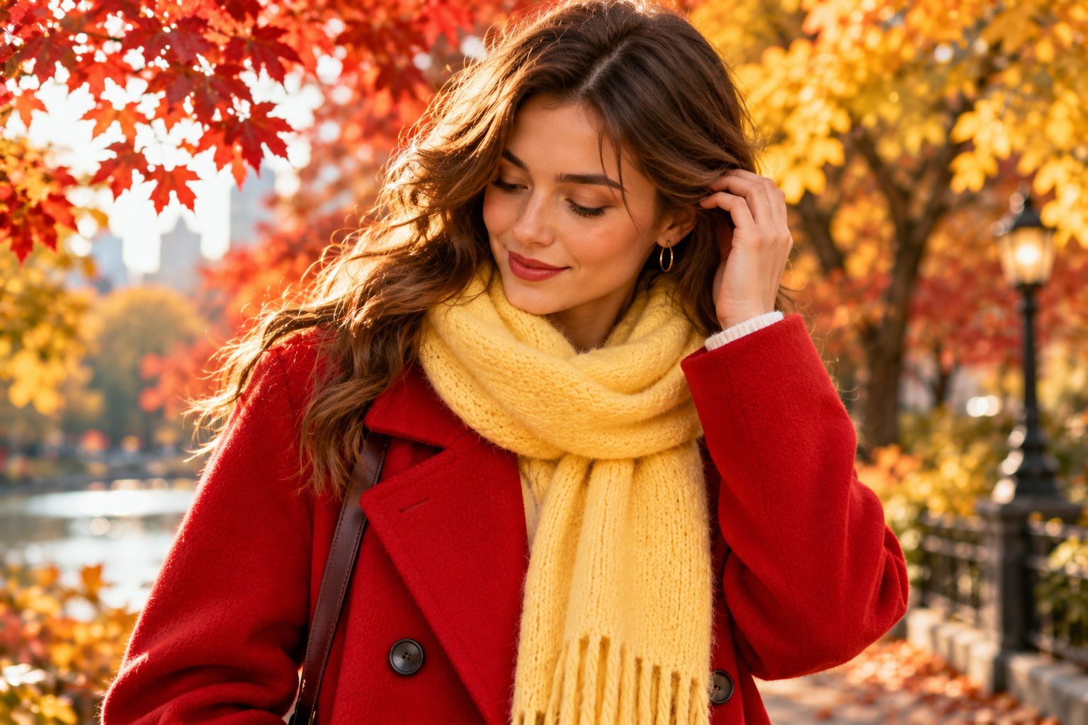Close-up of model in bright autumn colors, butter yellow scarf and red coat, surrounded by autumn foliage.