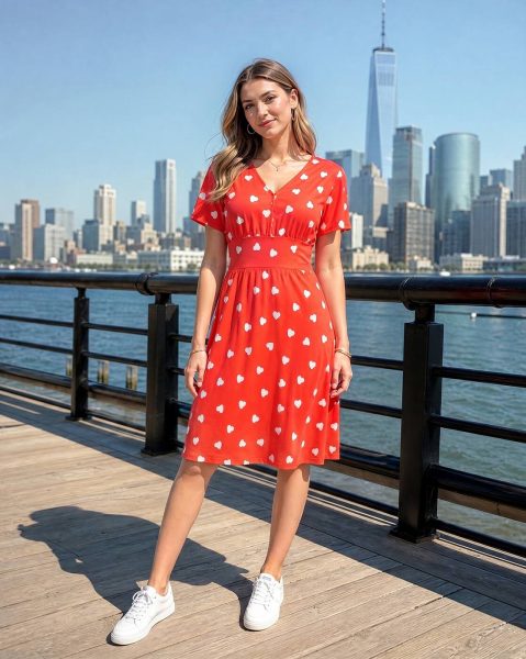 Short Sleeve Novelty Heart Print Panelled A-Line Dress