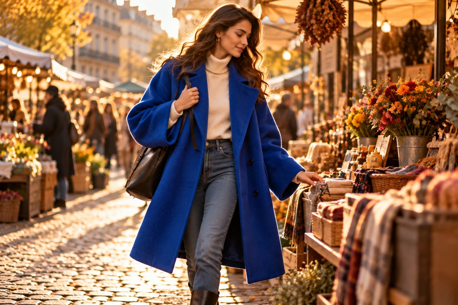 Model in cobalt blue oversized coat at a vibrant street market.