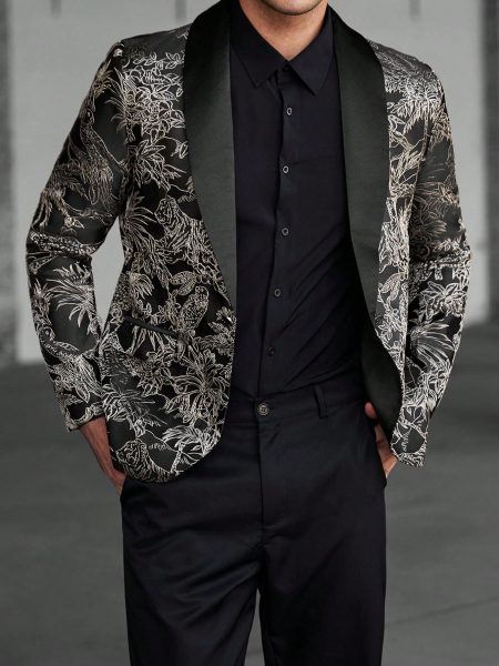 Shawal Collar Luxurious Party Exquisite Black And Gold Color Embossed Blazer