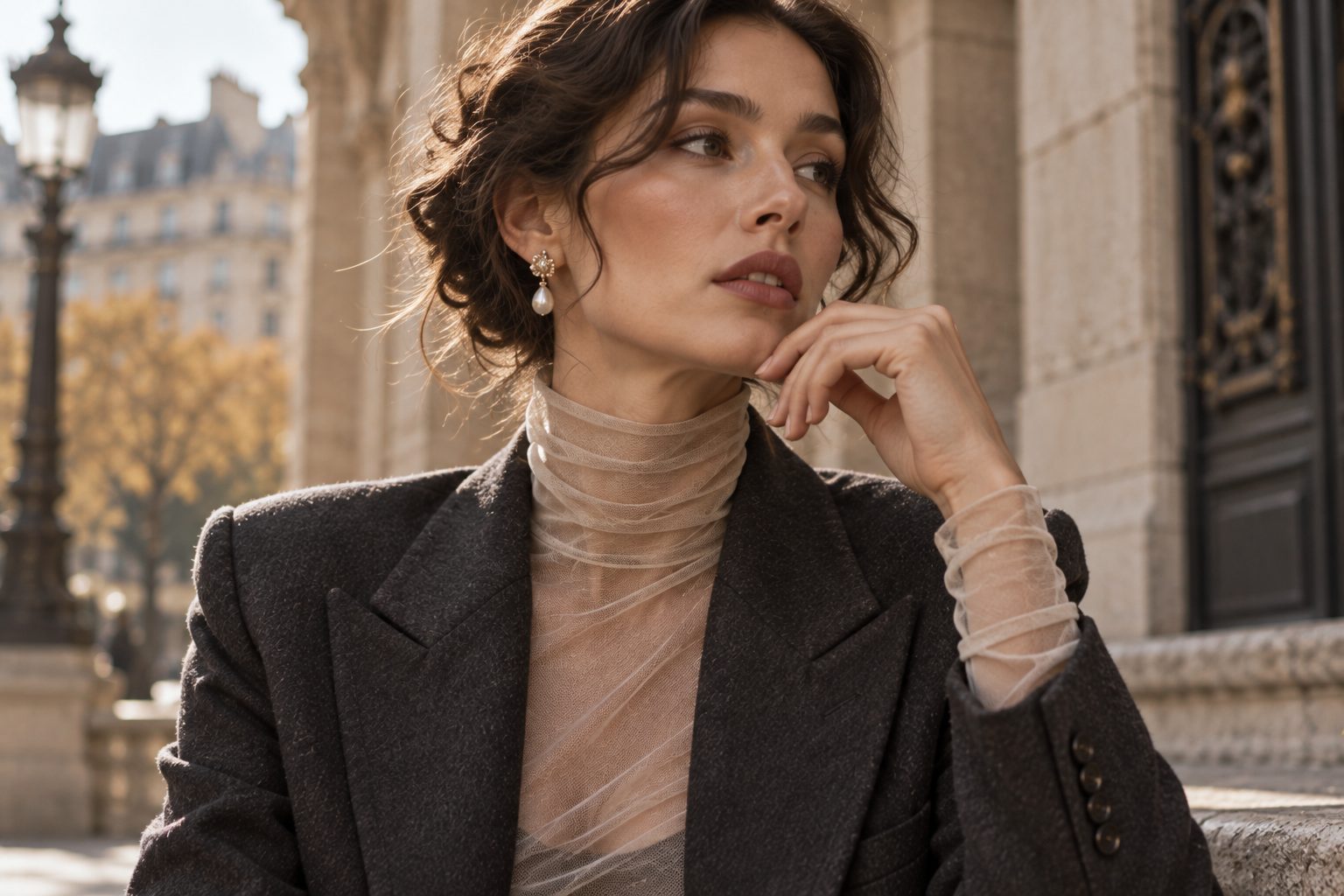 Close-up of woman in sheer turtleneck and blazer, natural light.