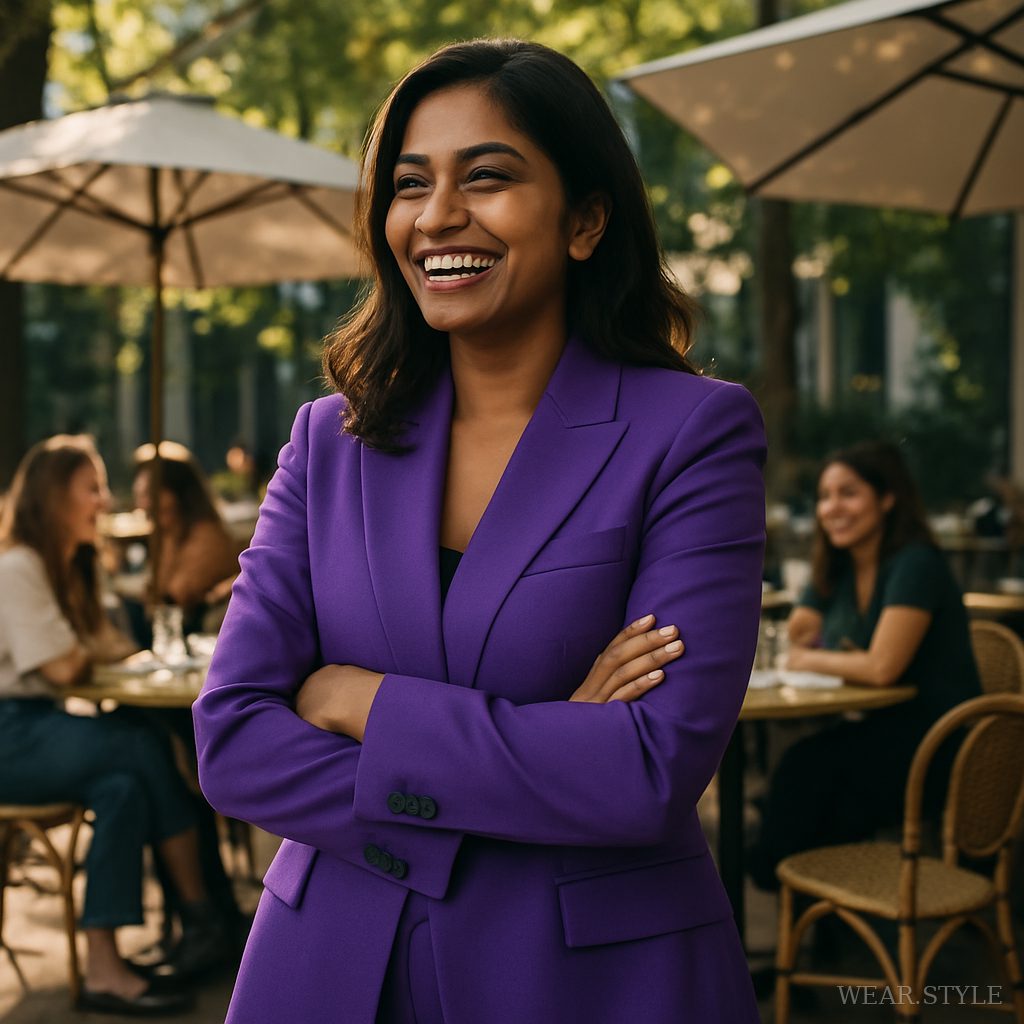 Indian woman in a violet power suit, confidently posing at a chic outdoor café.