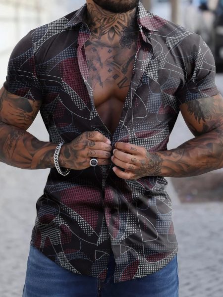 Geo Allover Print Button Front Short Sleeve Shirt