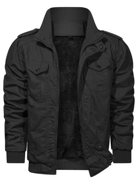 Black Flap Pocket Funnel Neck Teddy Lined Zipper Jacket