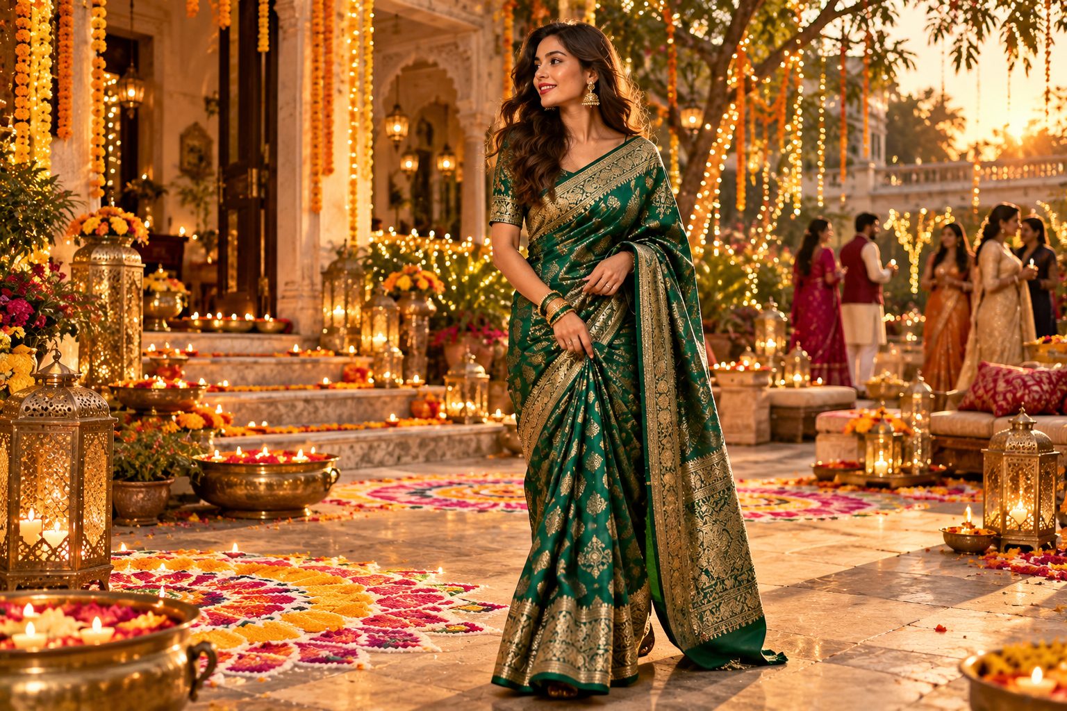 Model in emerald green Banarasi silk saree adjusting pleats during Diwali celebration.