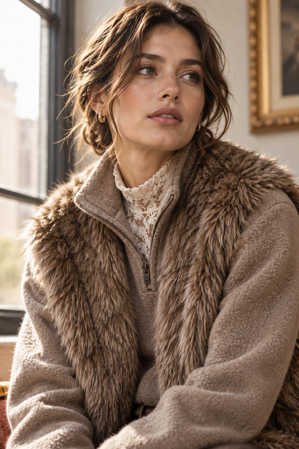 Close-up of model in faux fur and fleece layers, natural light, soft expression