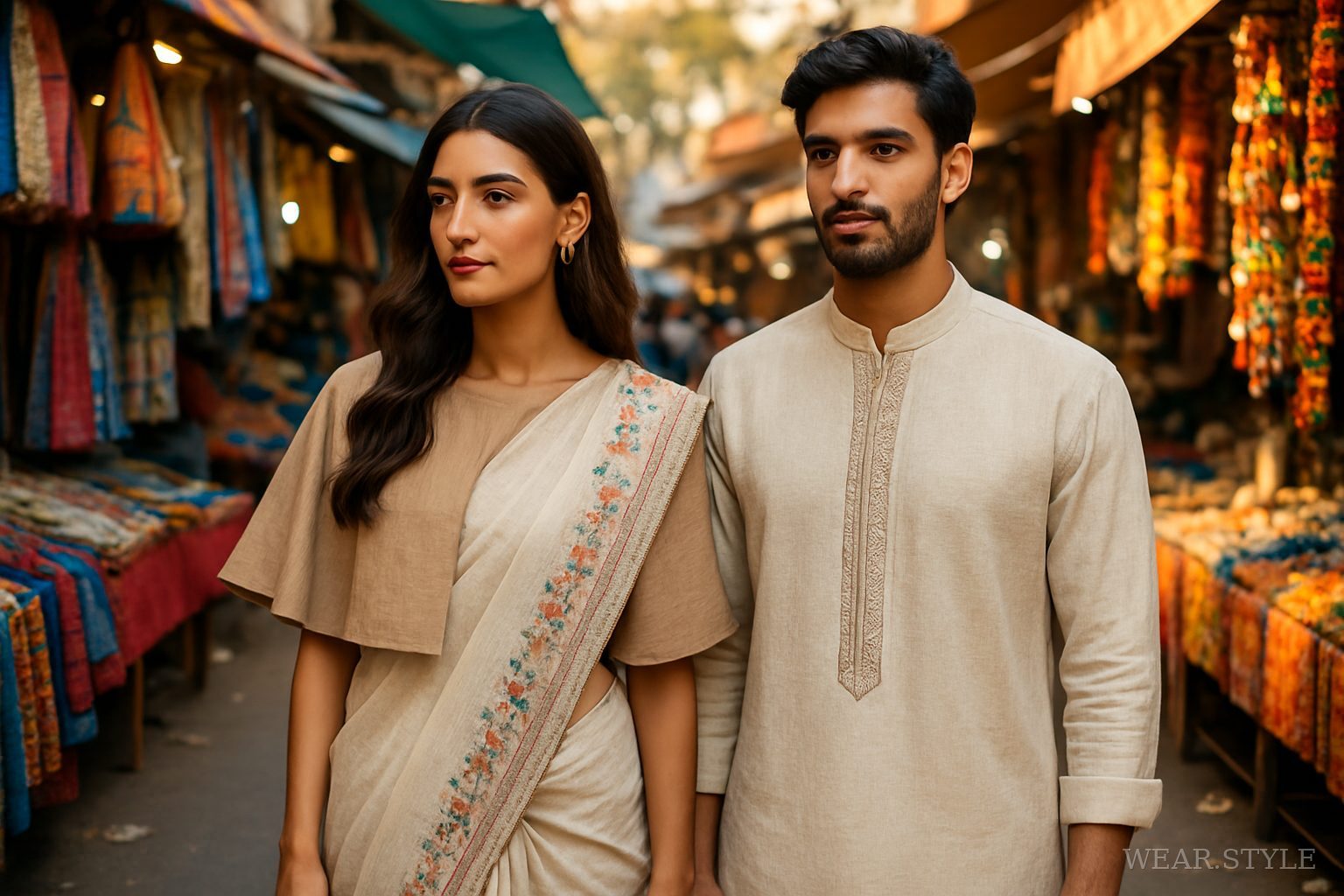 Models in handcrafted fashion at a vibrant Delhi street market, showcasing sustainability.