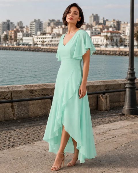 Women Flutter Sleeve Ruffled Hem Mock Wrap A-Line Dress