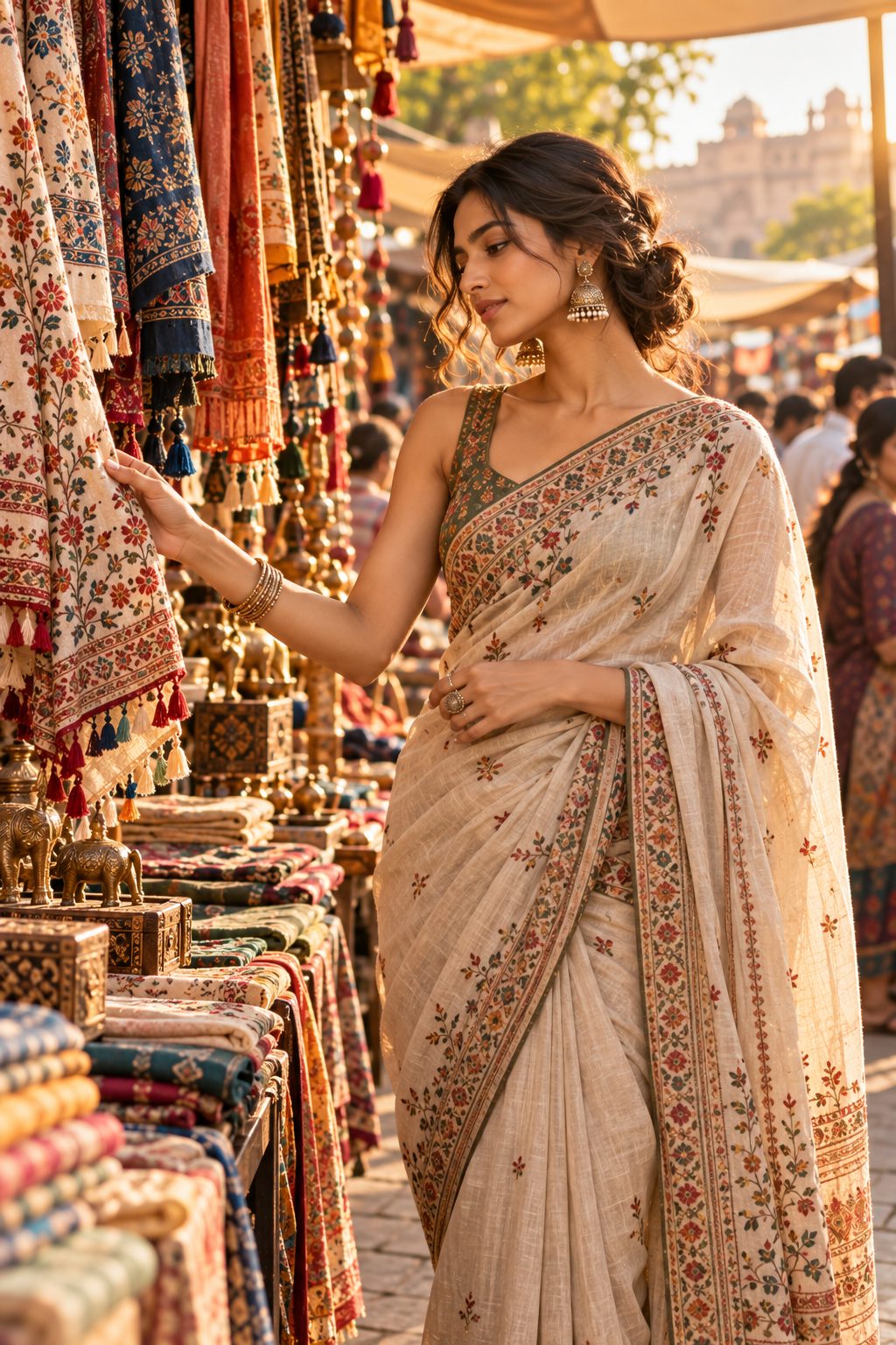 South Asian woman in a linen saree at a market stall, admiring handcrafted textiles.