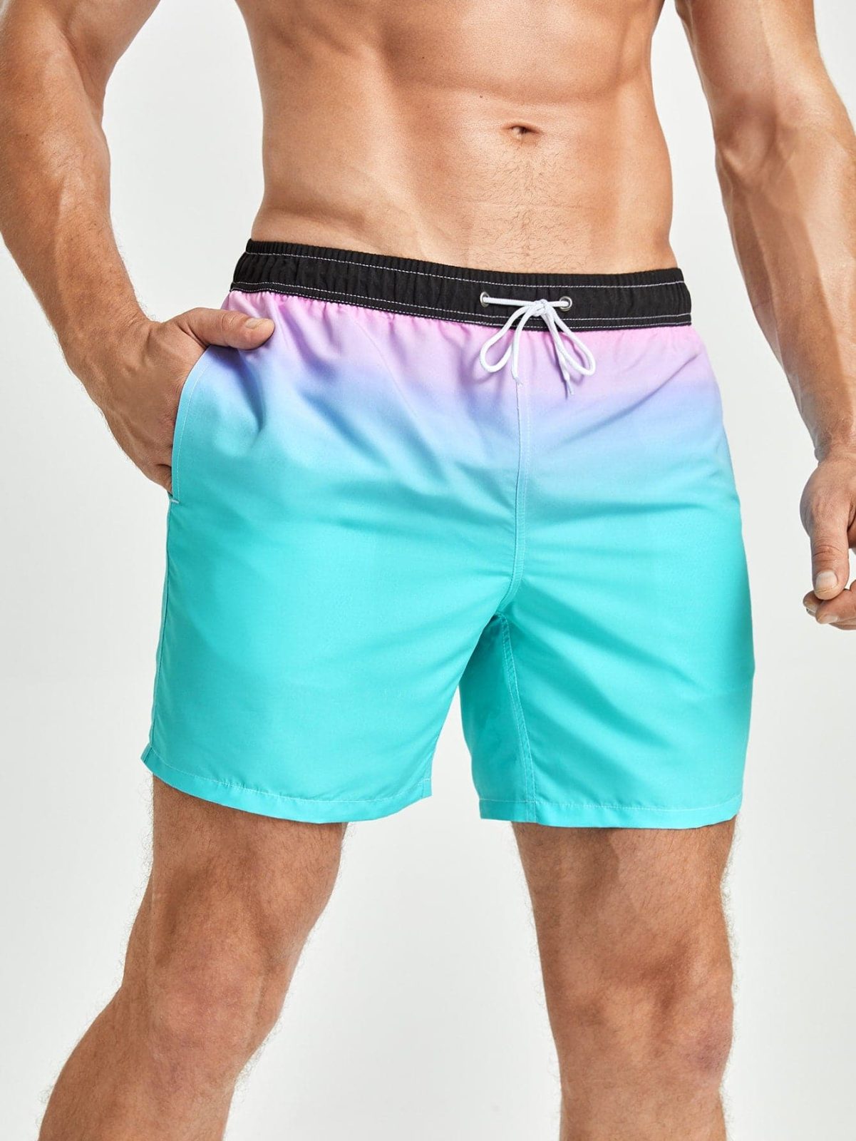 Ombre Print Drawstring Waist Slant Pocket Swimwear