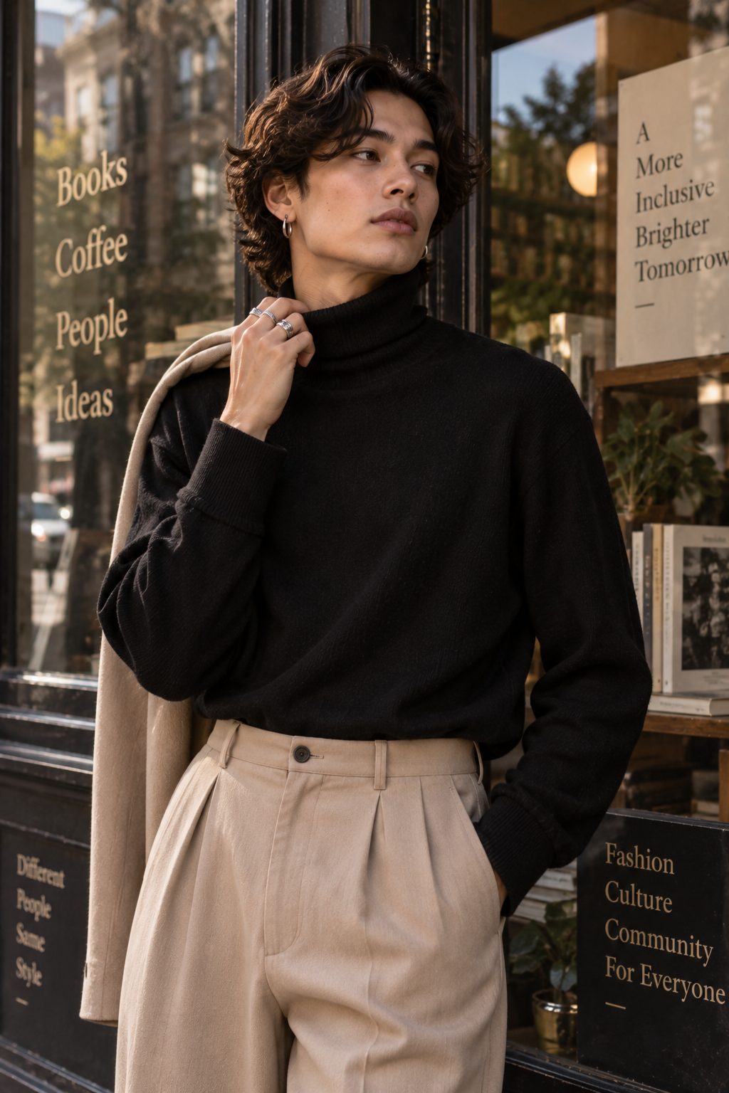 Close-up of a model in a black turtleneck and beige trousers, adjusting their collar.