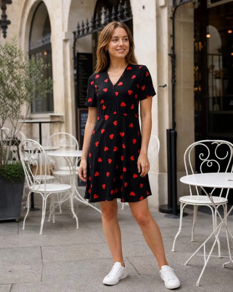 Short Sleeve Novelty Heart Print Panelled A-Line Dress
