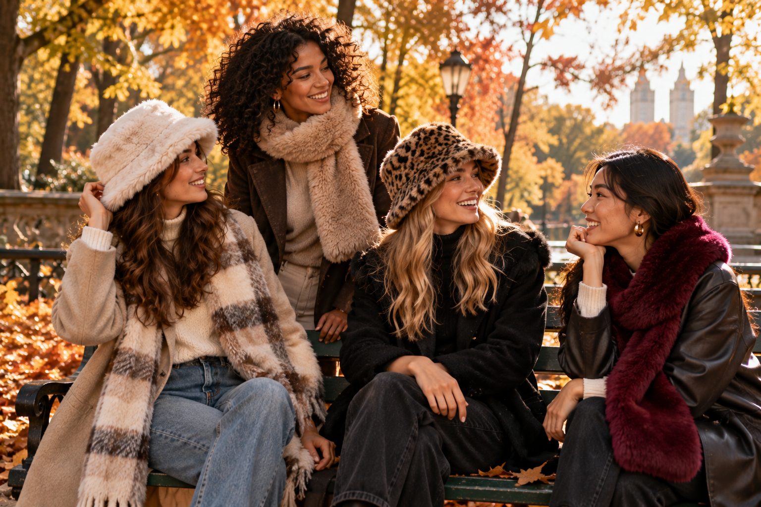 Group of models in faux fur accessories enjoying autumn day.