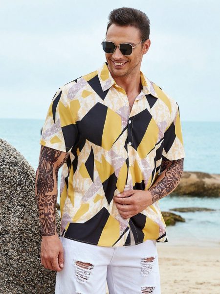 Geo Print Button Front Short Sleeve Shirt
