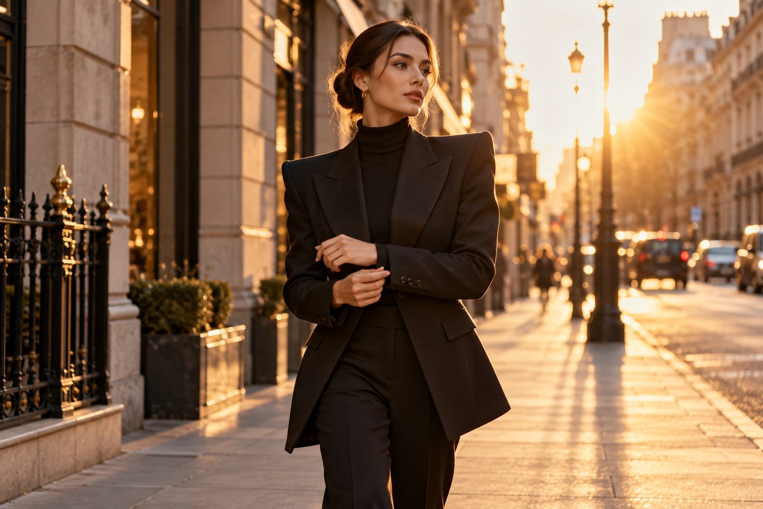 Model in a structured black blazer on a sunlit city street during golden hour.