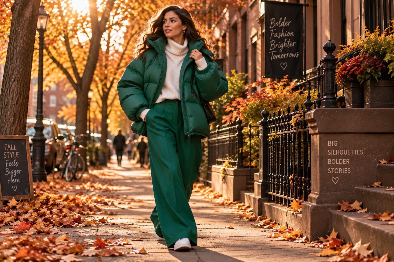 Model in oversized puffer jacket against an autumn backdrop during golden hour.