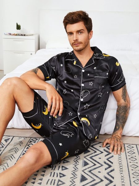 Lapel Neck Galaxy Print Satin Pyjama Sleepwear Set