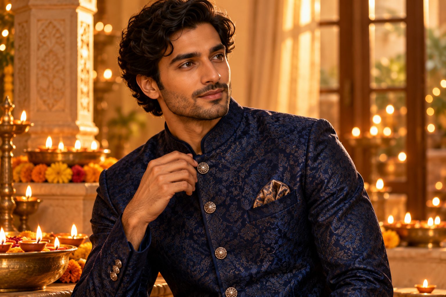 Close-up of male model in sapphire blue jacquard bandhgala suit, illuminated by Diwali diyas.