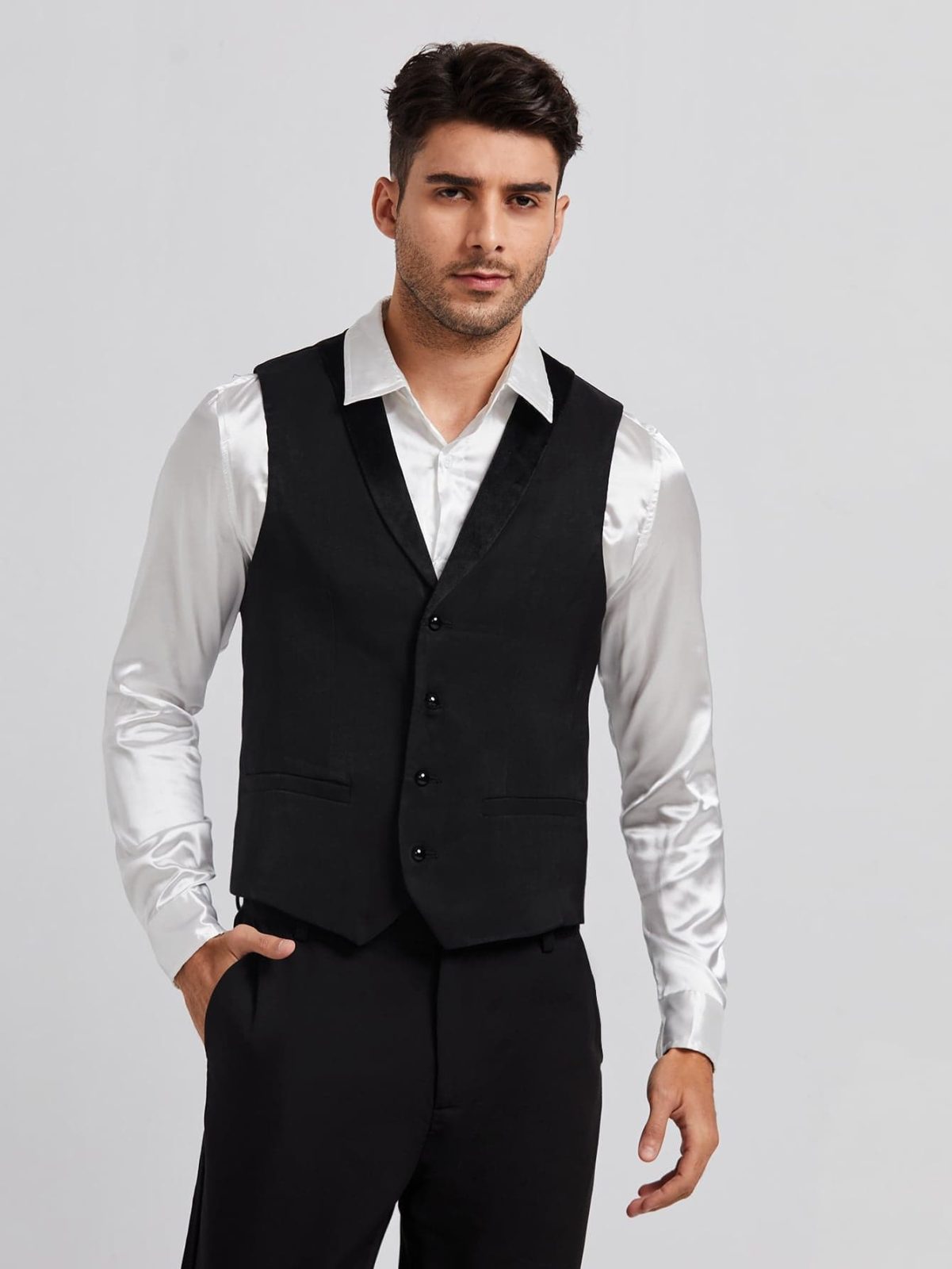 Black Button Front Single Breasted Velvet Waistcoat