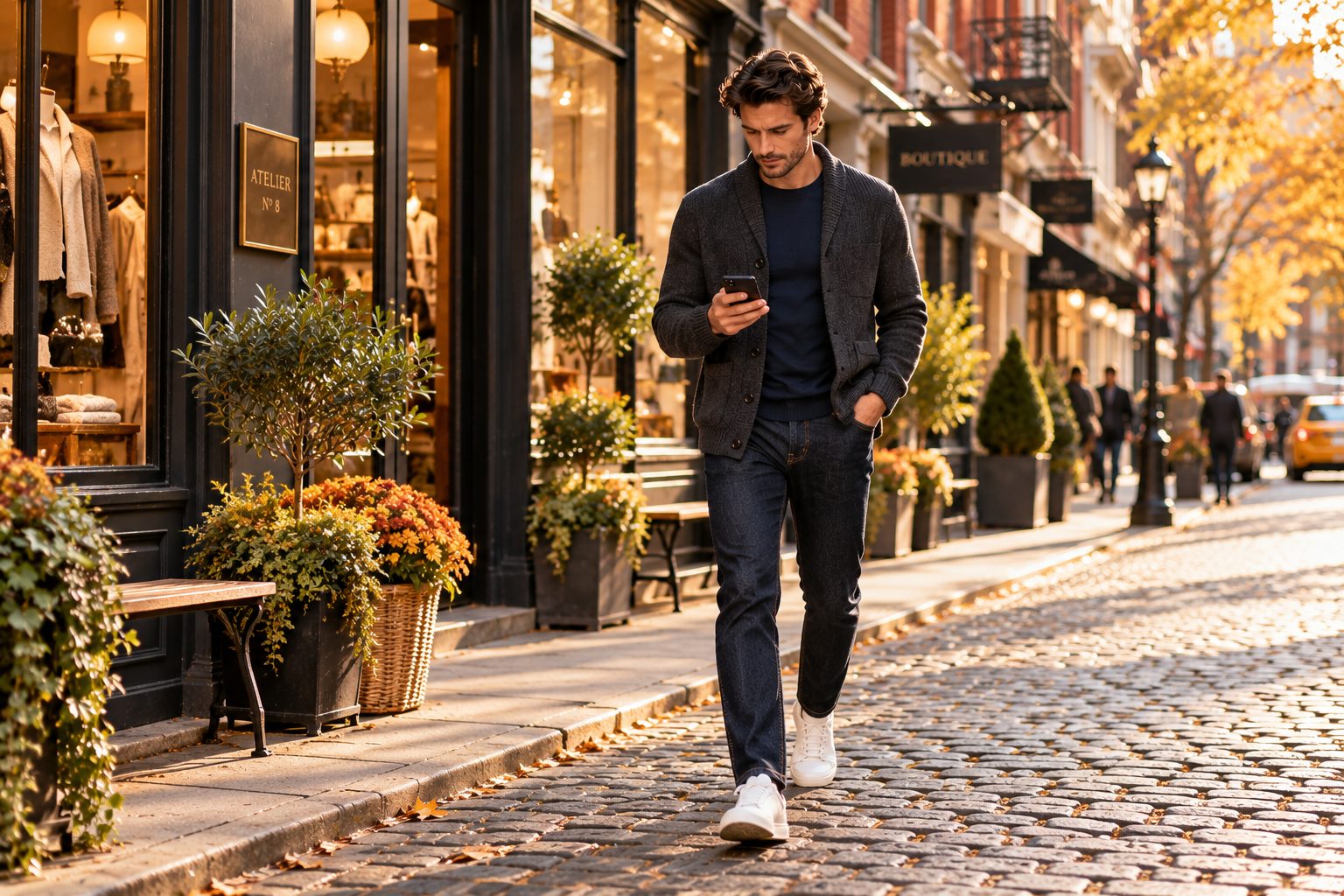 A man in a charcoal cardigan walking briskly on a cobblestone street, immersed in his phone.