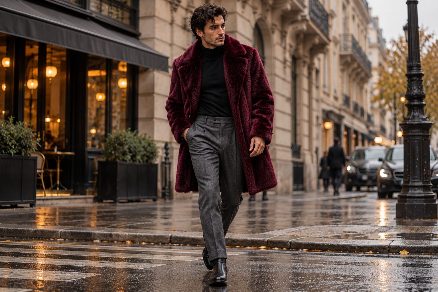 Model in burgundy faux fur coat and grey trousers mid-stride on urban street.