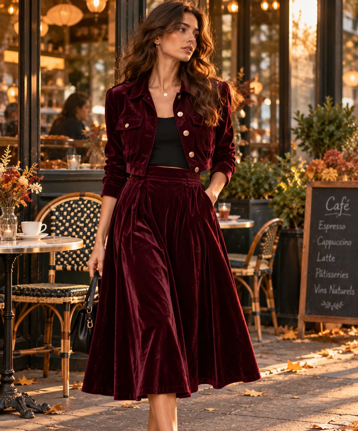 Female model in burgundy velvet co-ord set, cozy café setting, soft afternoon light.