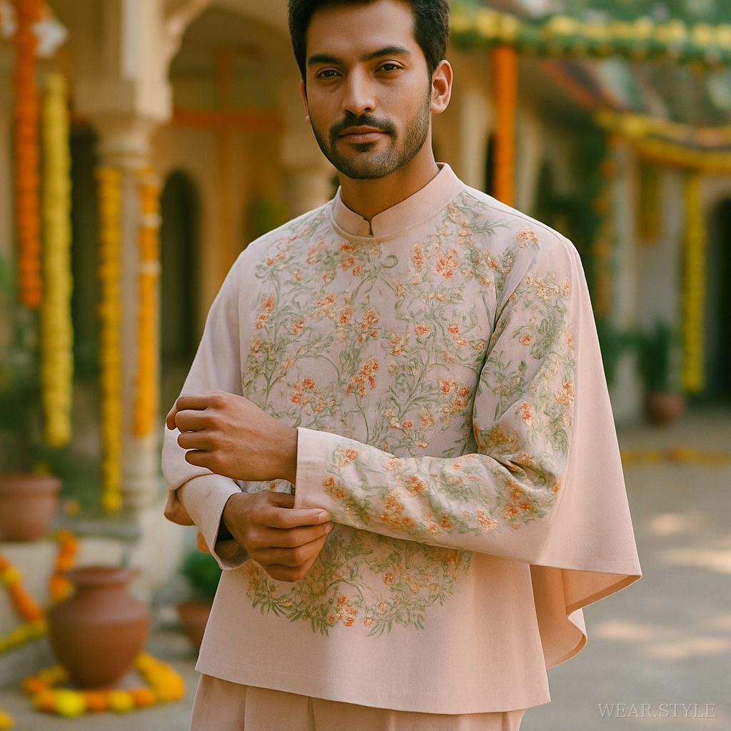 Man in pastel cape top adjusting cuff in a festive courtyard