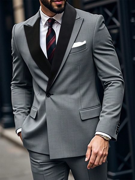 Grey Colourblock Contrast Collar Single Breasted Blazer & Trouser Suit Set