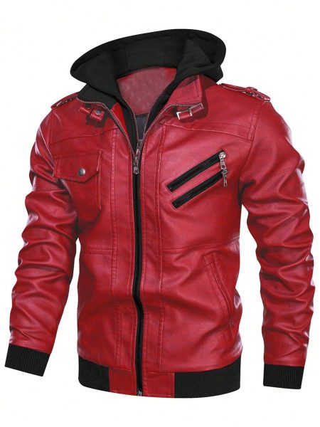 Zip Up Hooded PU Leather Jacket
