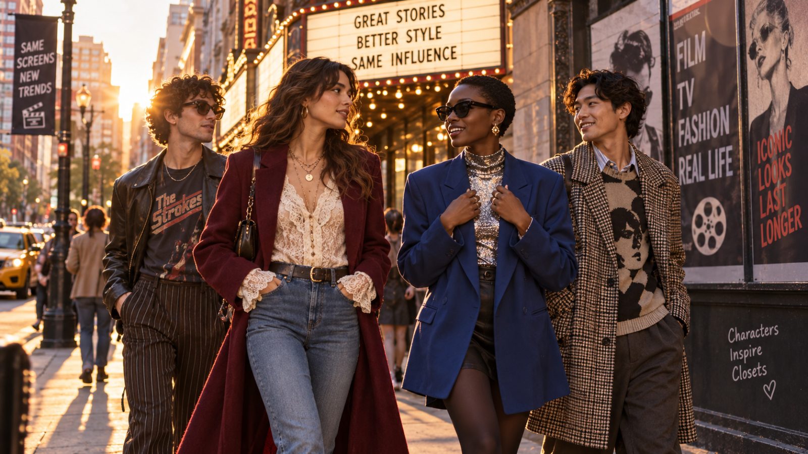 Diverse models in vibrant street fashion during golden hour, showcasing cinematic influences.