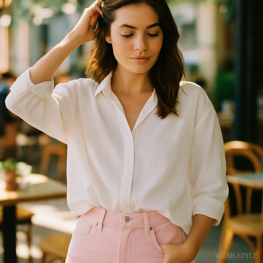 Model in ballet pink tailored denim shorts and white shirt in a sunlit café.