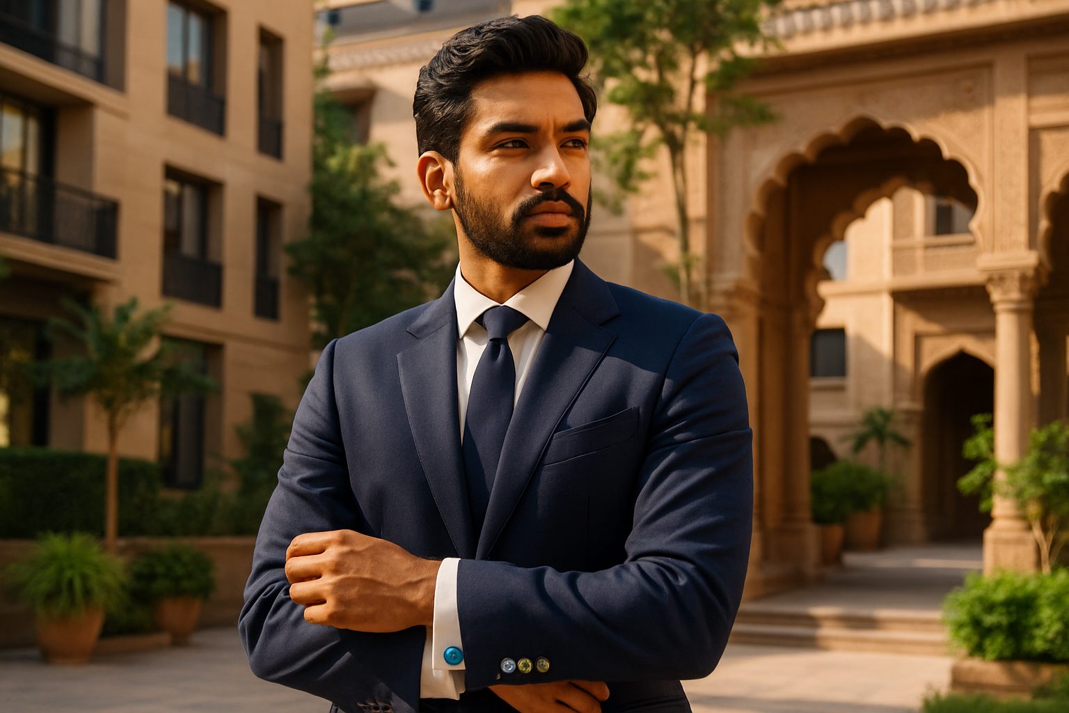 Indian man showcasing stylish cufflinks in a modern urban setting