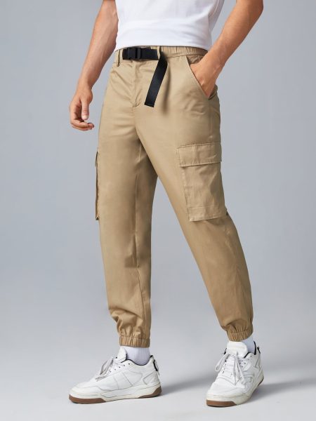 Flap Pocket Buckle Strap Elastic Waist Pants