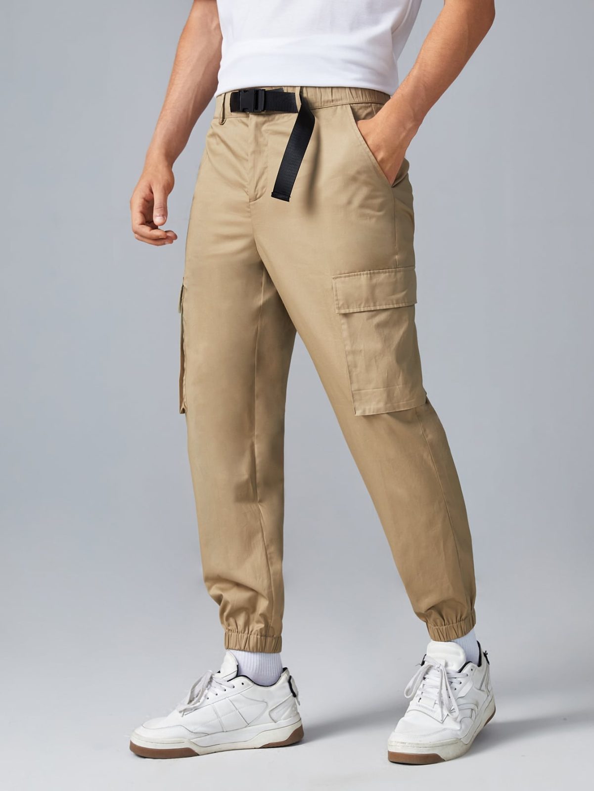 Flap Pocket Buckle Strap Elastic Waist Pants