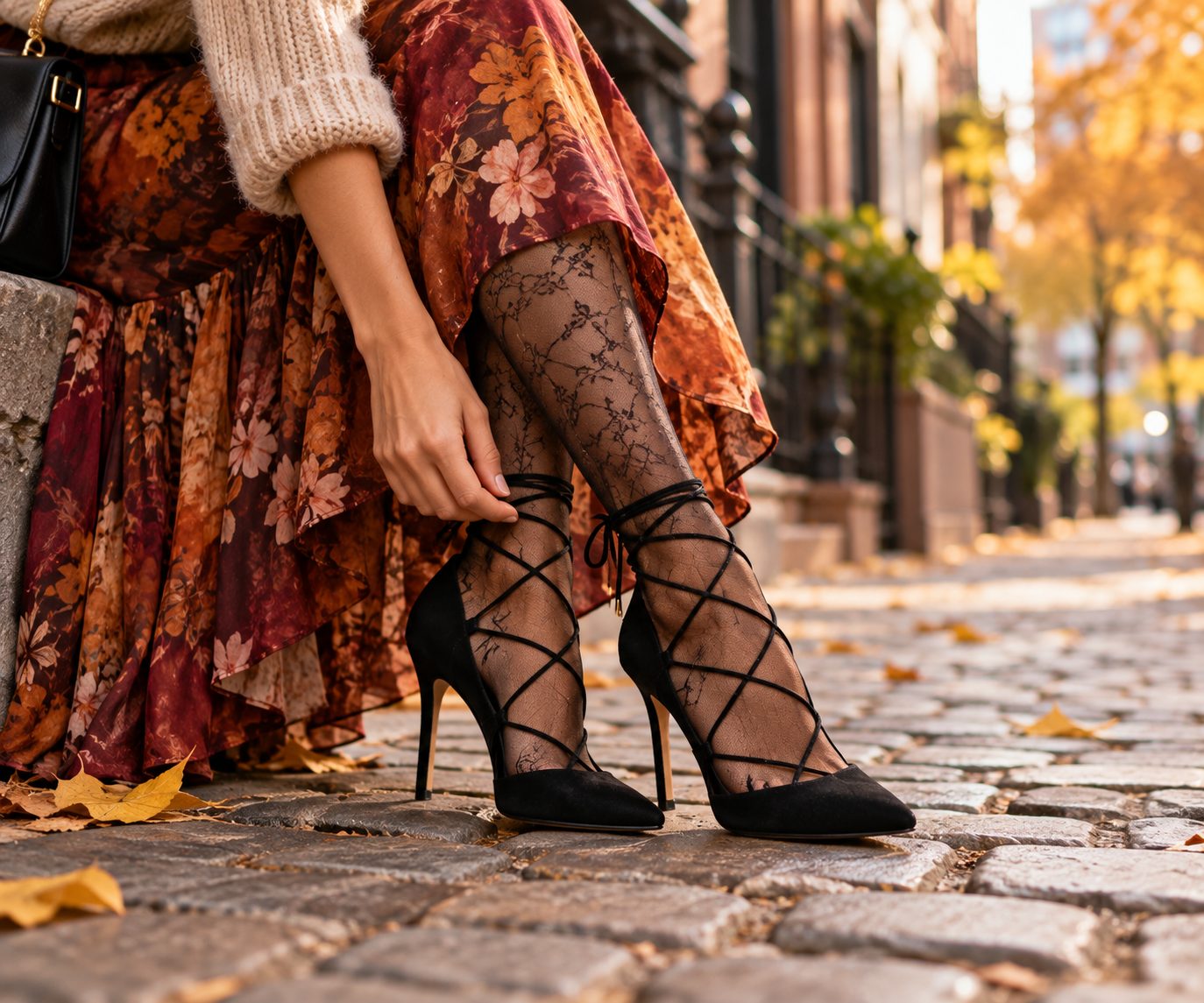 Close-up of black lace-up heels on cobblestone street with autumn-themed outfit.