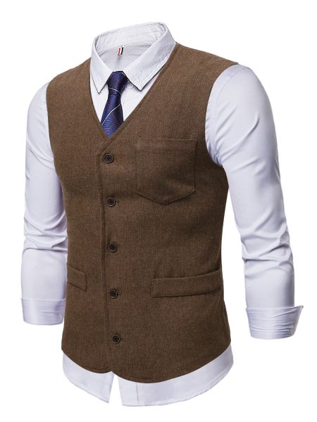 Coffee Brown Patched Pocket Wool-Mix Waistcoat