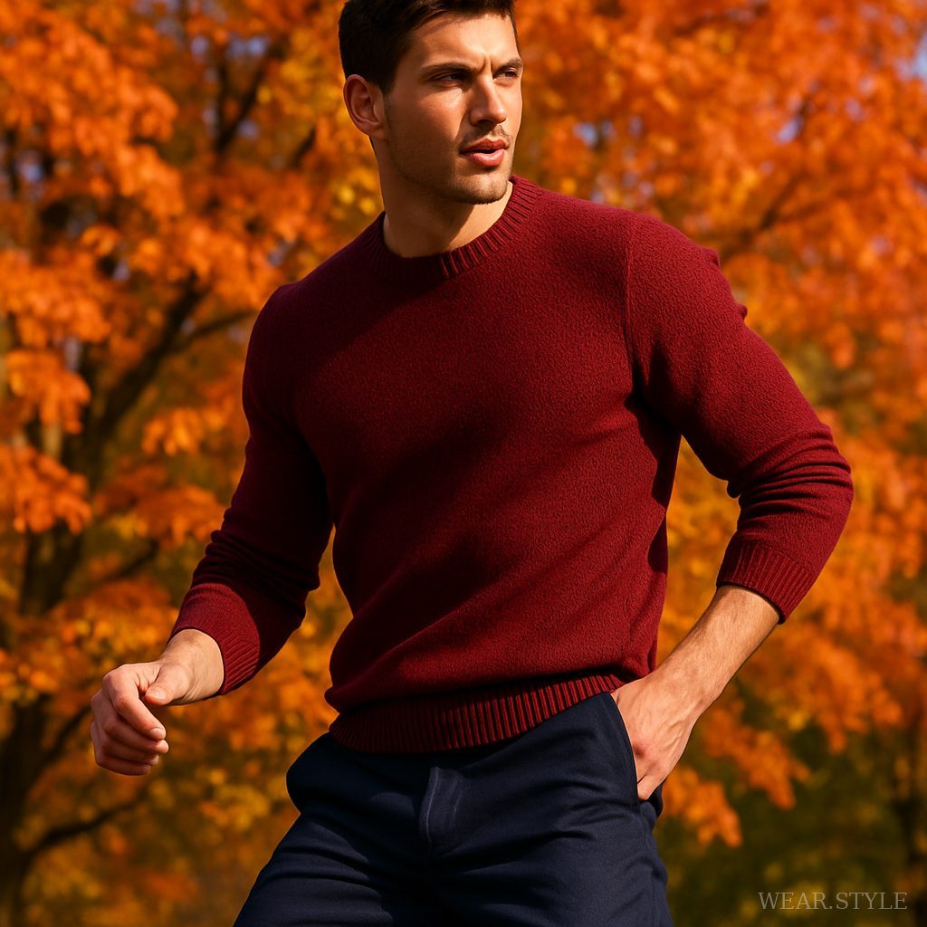 Male model in merlot knit sweater and navy chinos with autumn foliage